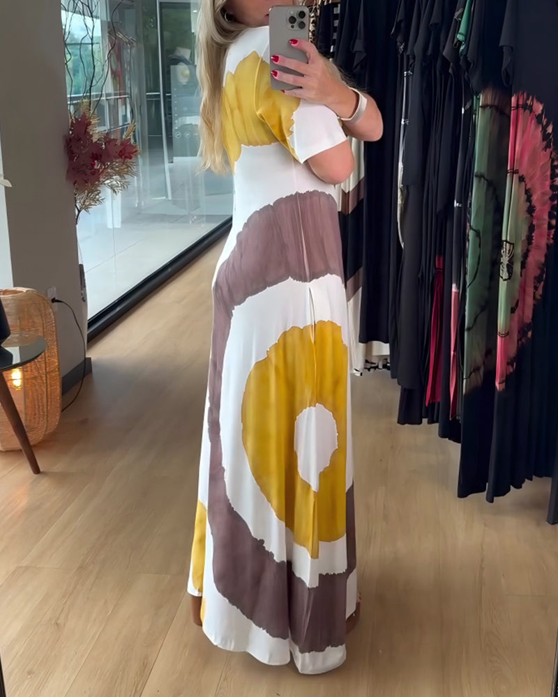 Klänning Tryck Rund Hals Kort Ärm