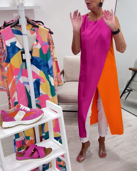 Blus Ärmlös Kontrastfärg Slits Lång