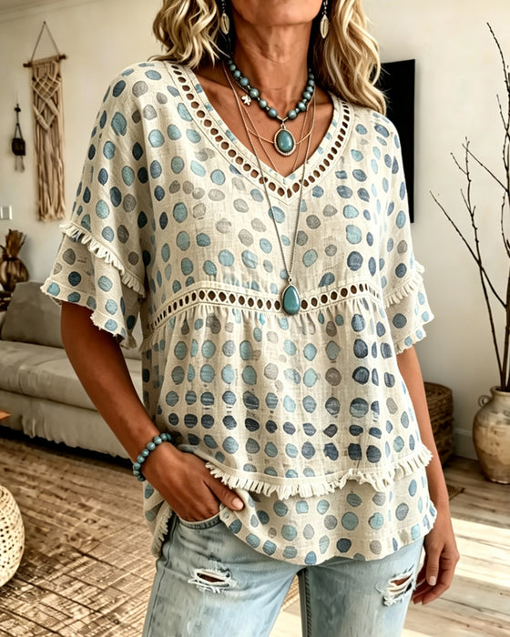 Blus Fringe V-Hals Prickig Babydoll