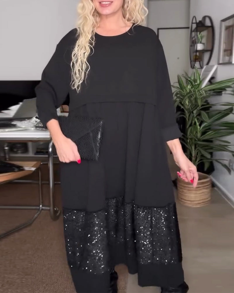 Klänning Rund Halsringning Paillett Lappverk Lössittande