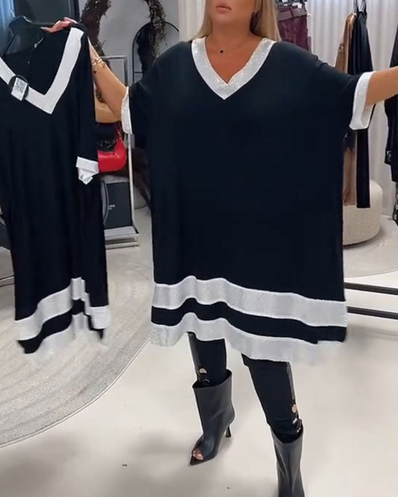 Klänning V-Hals Kortärmad Färgblock Loose Fit