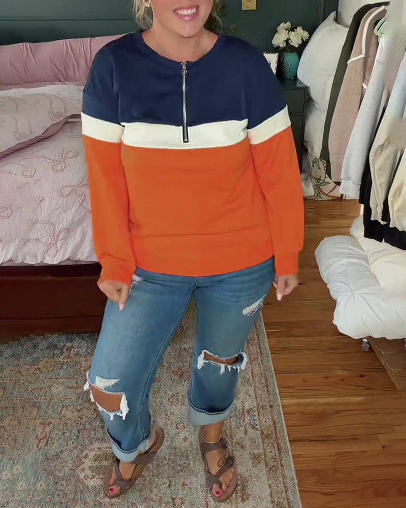 Sweatshirt Med Dragkedja, Ståkrage Och Färgblockering Långärmad