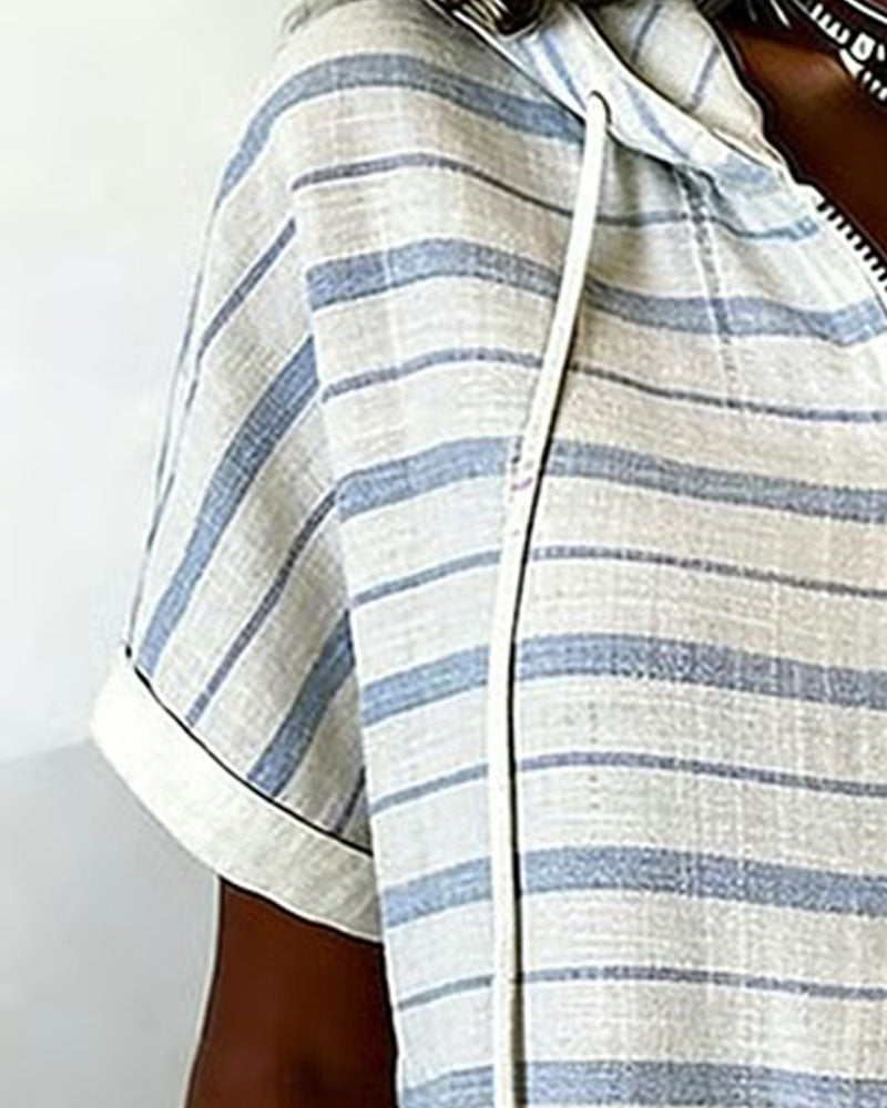 Topp Randig Hoodie Dragkedja Kort Ärm