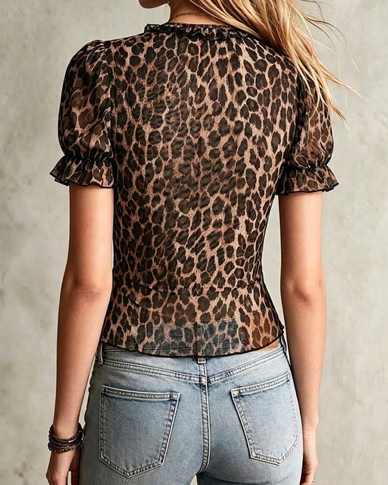 Blus V-Hals Leopard Tryck Ruffle Puffärm