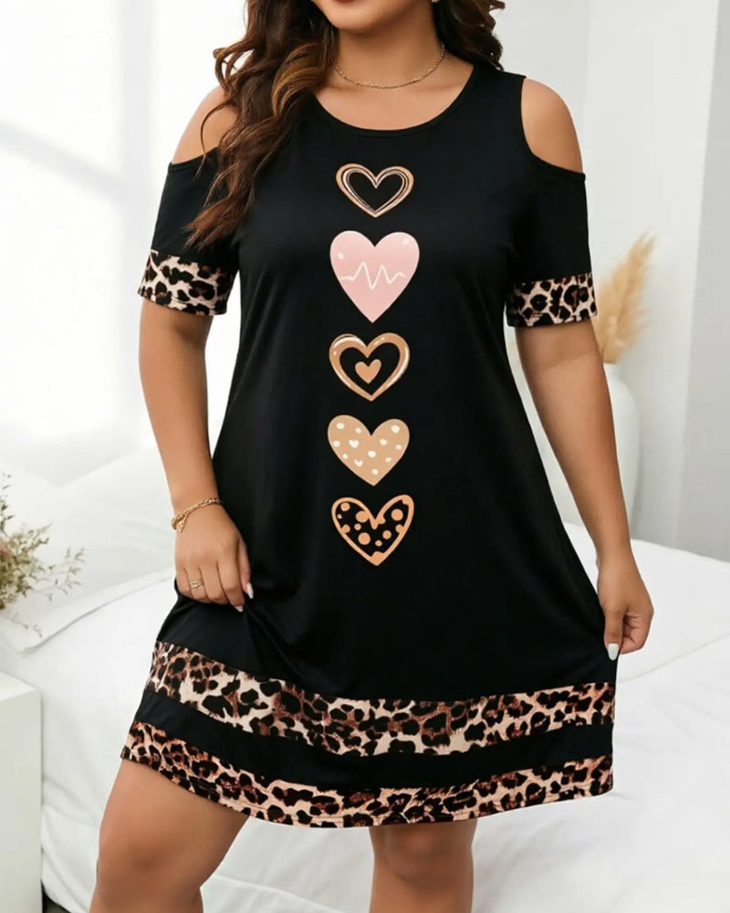 Klänning Rund Hals Off-Shoulder Leopard Hjärta
