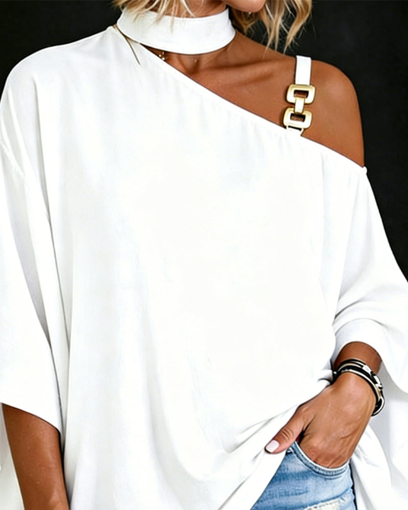 Blus Asymmetrisk Off-Shoulder Knapp Enfärgad