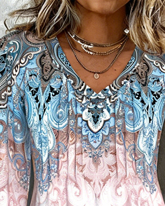 Topp Lykta Ärm V-Ringning Tryckt