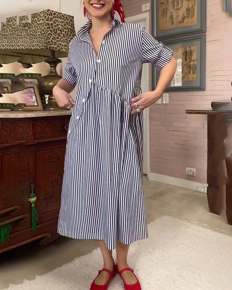 Klänning Krage Knappning Ner Randig