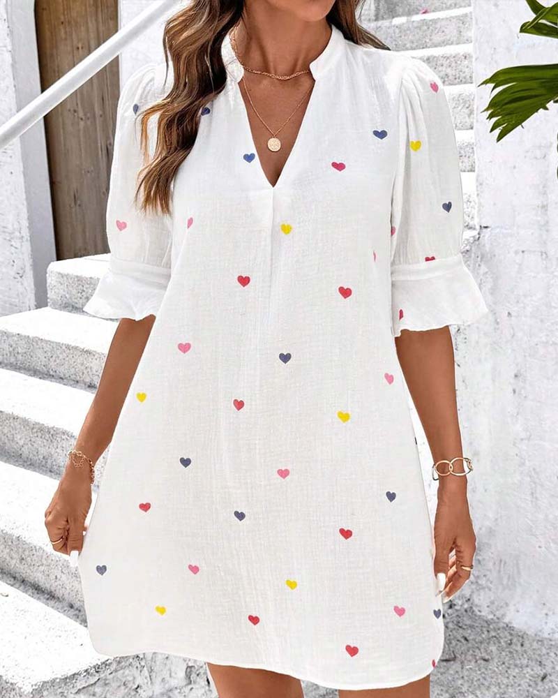 Klänning Färgglad Hjärtentryck V-Ringning