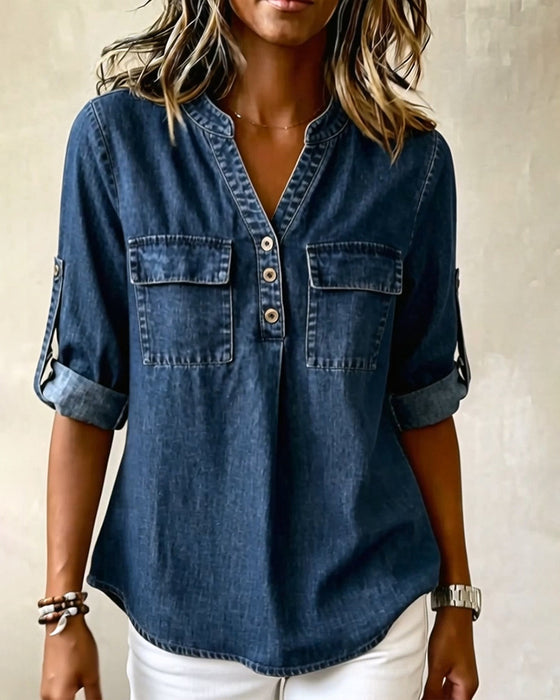 Blus Denim V-Hals Casual