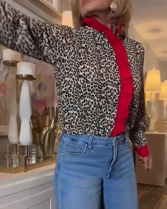 Blus Ryschad Leopardprint Färgblockad