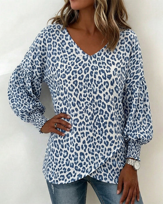 Topp Leopard Lantern-Ärm V-Hals