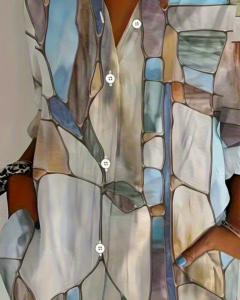 Blus Konstnärligt Stenmönster Långärmad