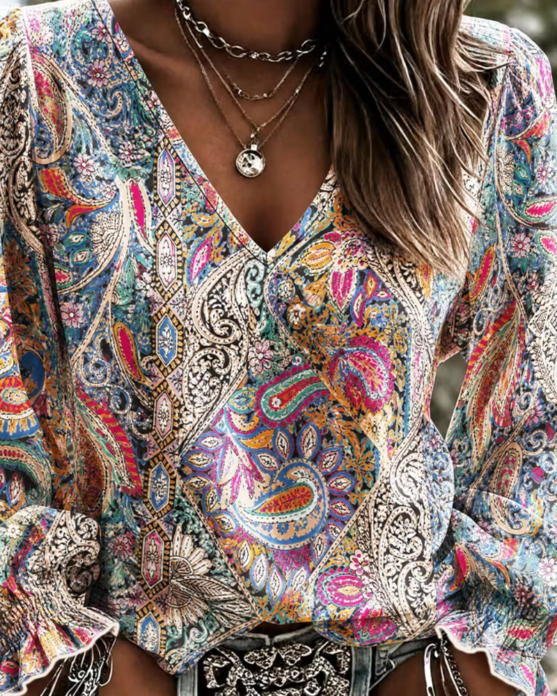 Blus V-Hals Bohemisk Bubbel Ärm