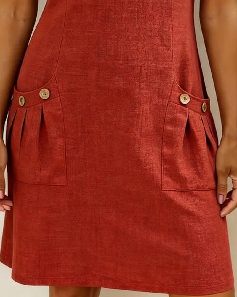 Klänning Dragkedja Ficka Bomull Linne