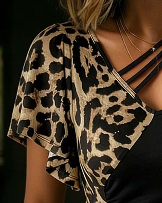 T-Shirt Leopard Tryck V-ringning