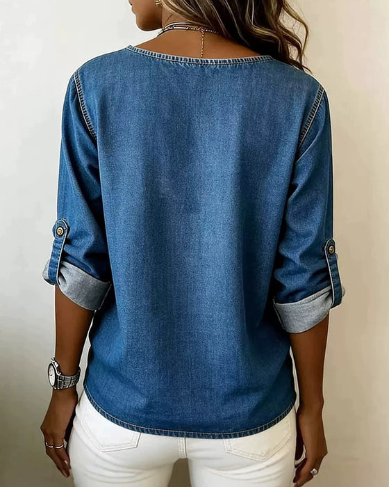 Blus Rund Hals Sidosplit Knapp