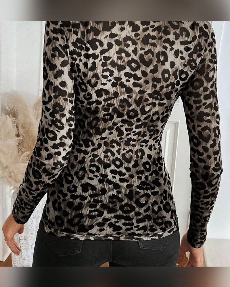 Topp Leopardmönster Rund Hals Lång Ärm
