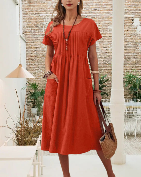 Klänning Veckad Kortärmad Bomull Och Linne