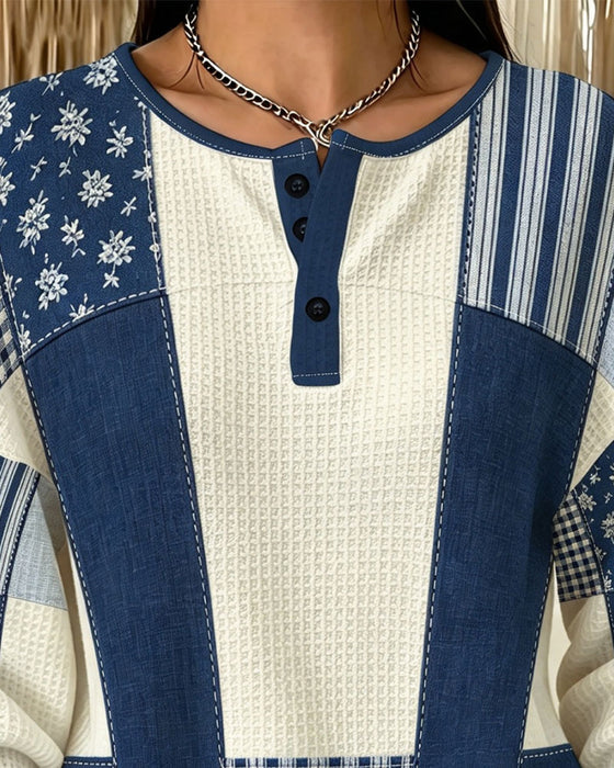 Sweatshirt Rund Hals Knapp Blommig Plaid
