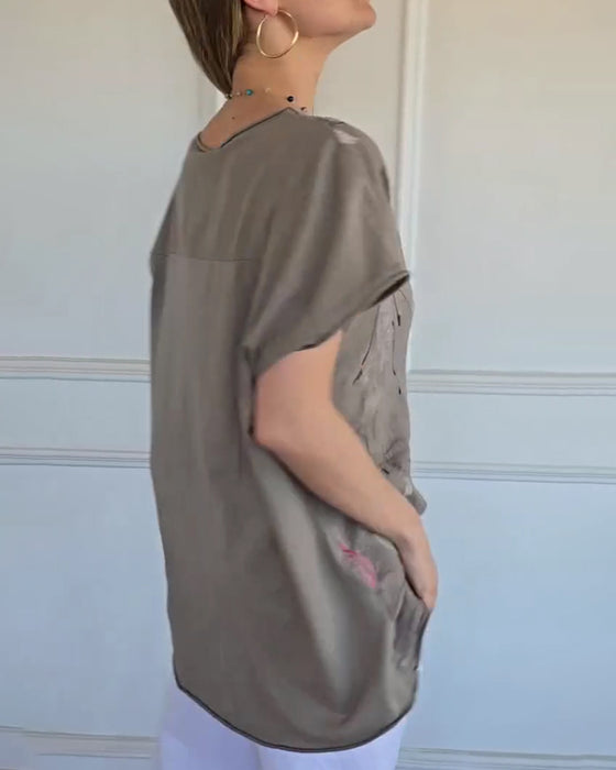 Blus Runt Hals Ledig Tryck Kort Ärm