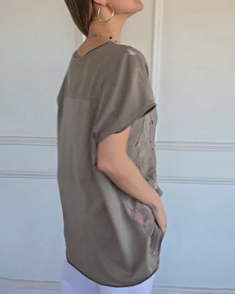 Blus Runt Hals Ledig Tryck Kort Ärm