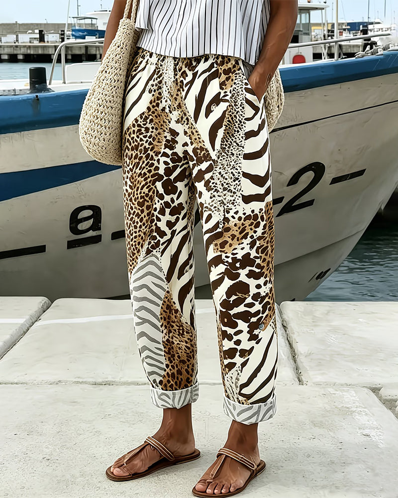 Byxor Leopard Och Zebra Lapptäcke Casual Lång
