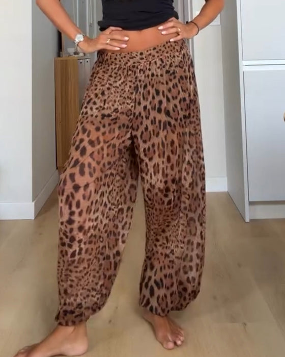 Byxor Resår Midja Leopard Tryck Bred Ben Lång