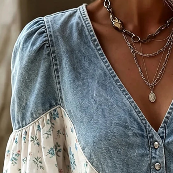 Blus V-Hals Blommönster Puffärm Denim Panel