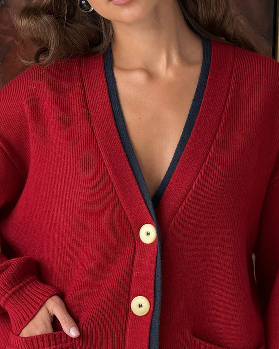 Cardigan V-Hals Knapp Färgblock Ficka