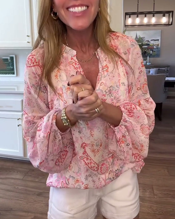 Blus Med Ballongärmar Och Blommönster