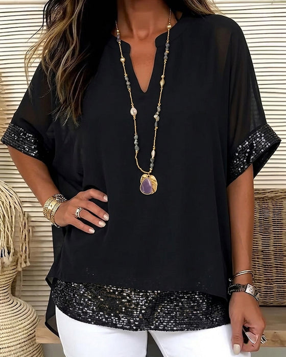 Blus Paljett Patchwork Sheer Lös