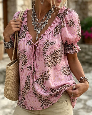 Blus Leopardmönster Puffärm Spetsnöt