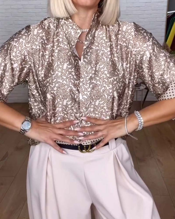 Blus Med Ståndkrage Och Tryckt Satin
