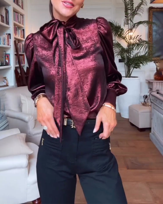 Blus Puckad Ärm Fladdrande Band Stilfull