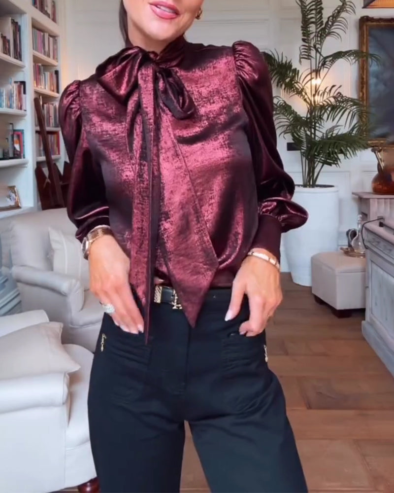 Blus Puckad Ärm Fladdrande Band Stilfull