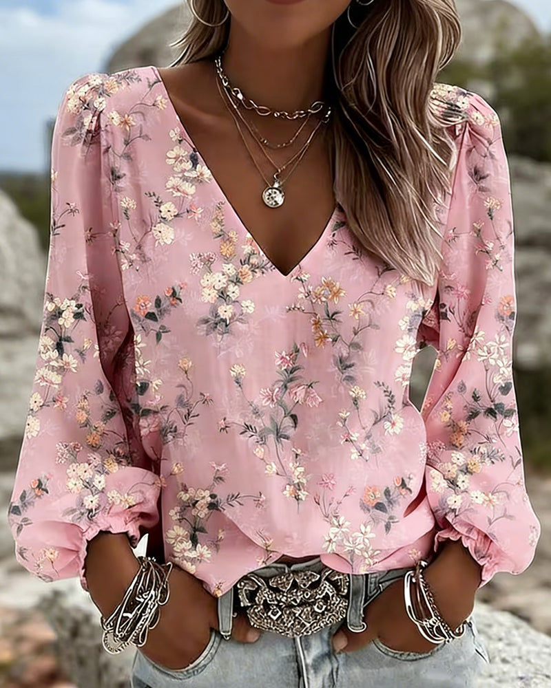 Blus Blommig V-Ringad Puffärm
