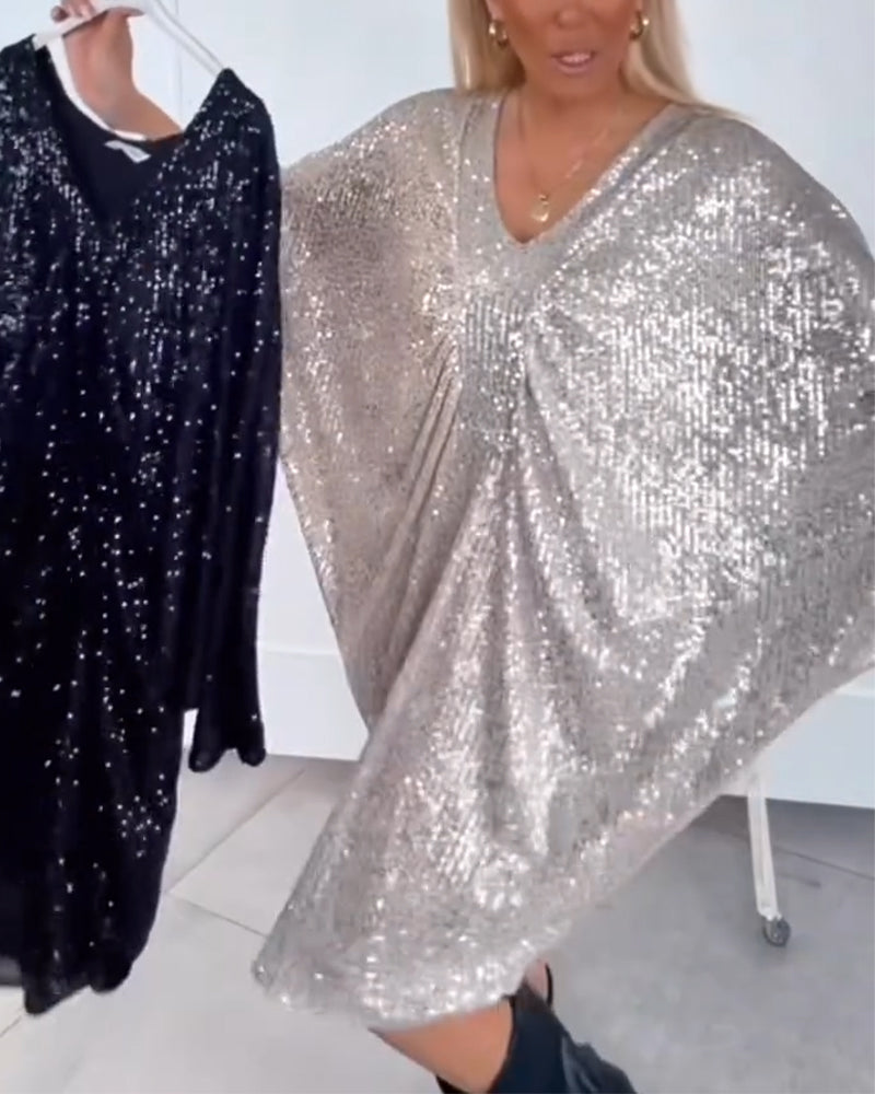 Lös V-Ringad Klänning Med Batwing-Ärmar