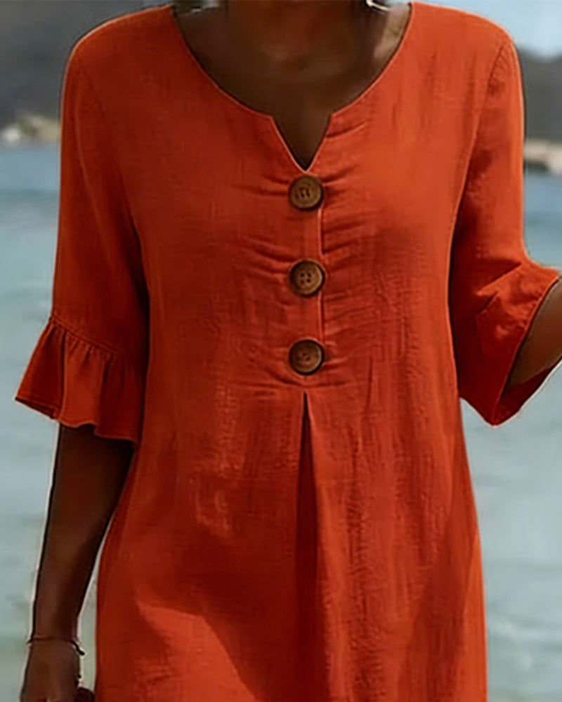 Klänning Knapp Rynkad Ärm 100% Bomull