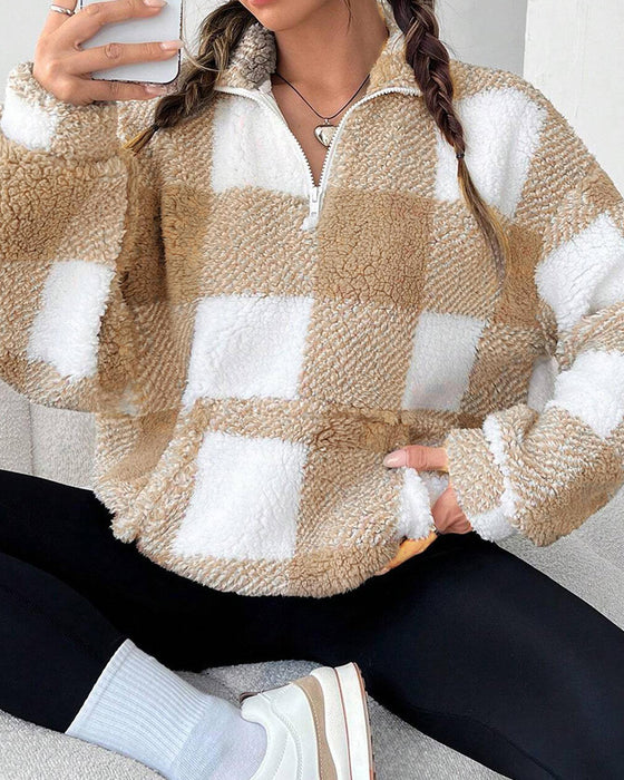 Sweatshirt Halv-Zip Ståkrage Rutmönster