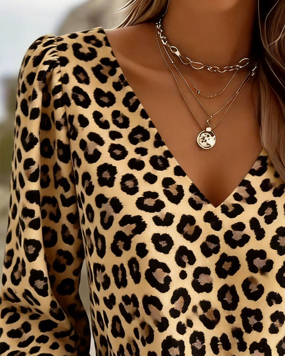 Blus Leopardtryck V-Hals Bubbla Ärm