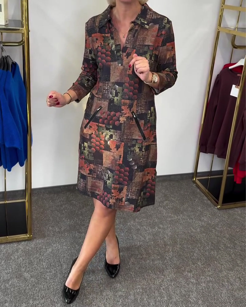 Klänning Krage Vintage Tryck Kortärmad