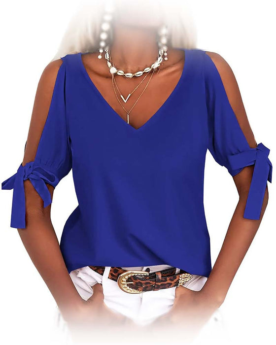 Blus V-Hals Cold Shoulder Rosett Enfärgad