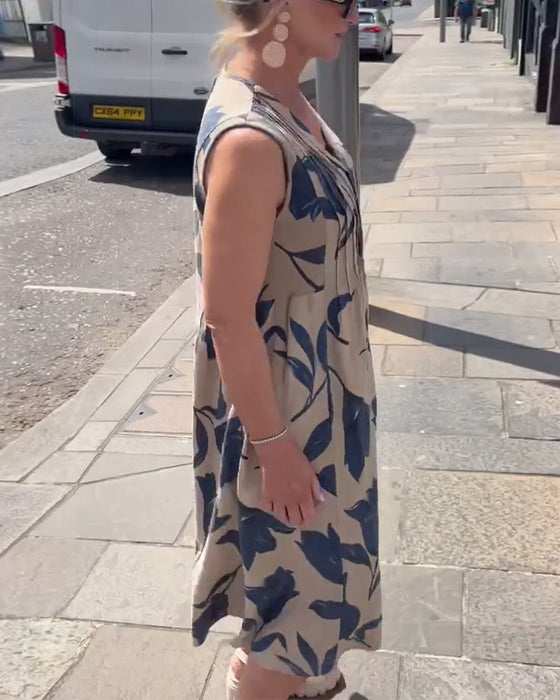 Klänning V-ringad ärmlös tryckt