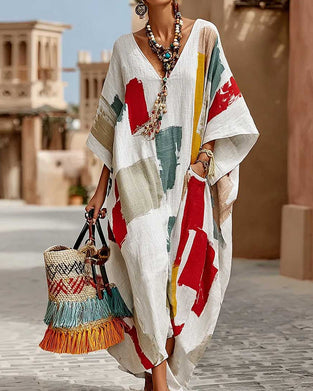 Klänning Färgglad Geometrisk Färgblock Lös Lång Klänning