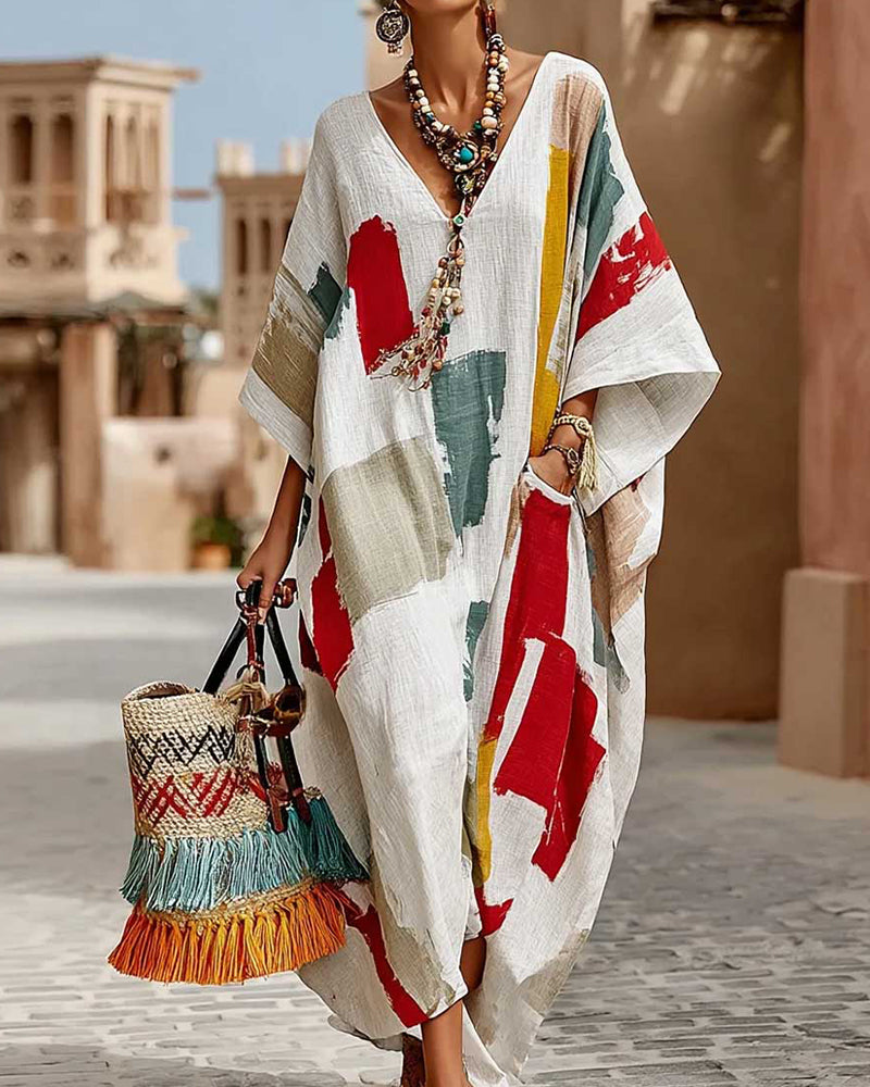 Klänning Färgglad Geometrisk Färgblock Lös Lång Klänning