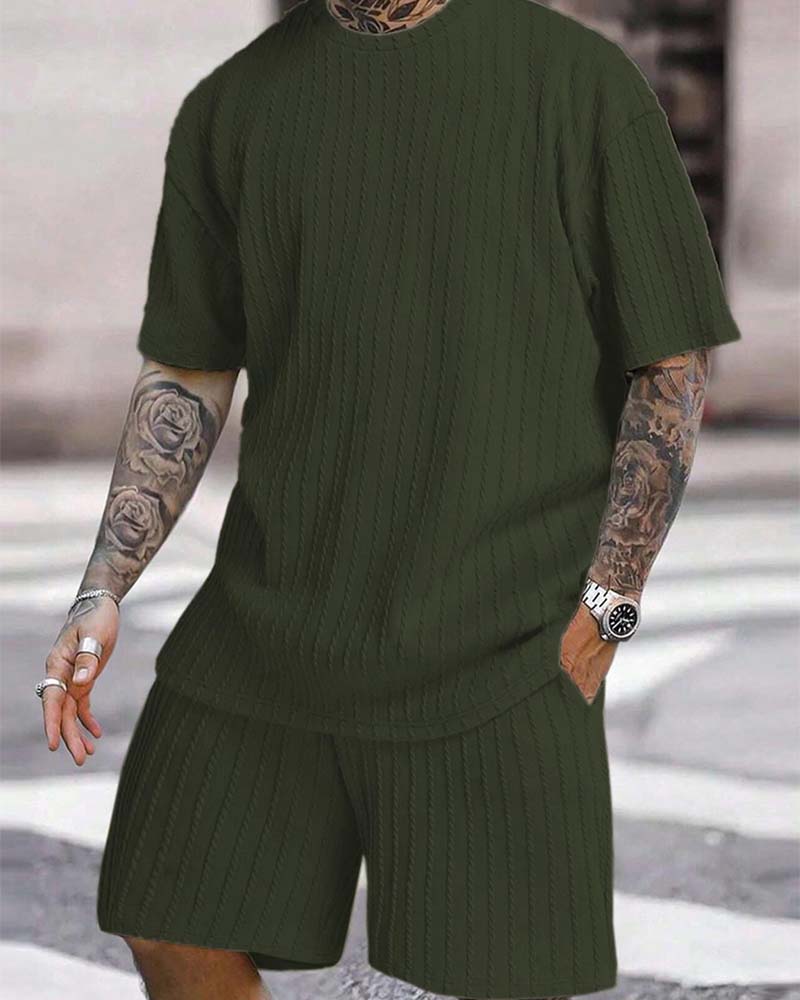 Herres Stripad T-Shirt Och Shorts Tvådelig Set Med Crew-Årning