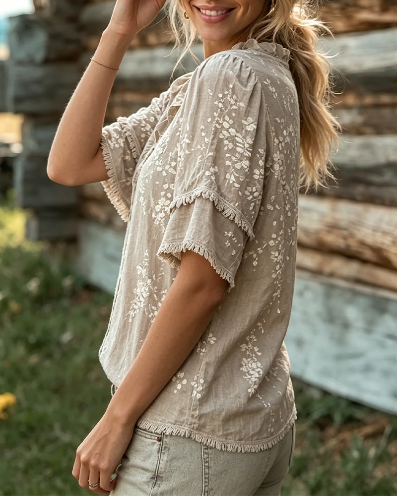 Blus V-Hals Spetskant Fringe Tryck