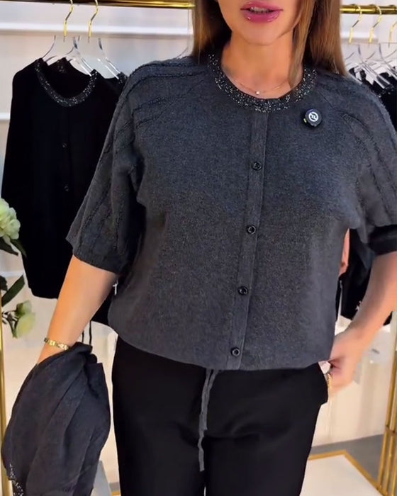 Pullover Rundhals Kort Ärm Enkelknäppt