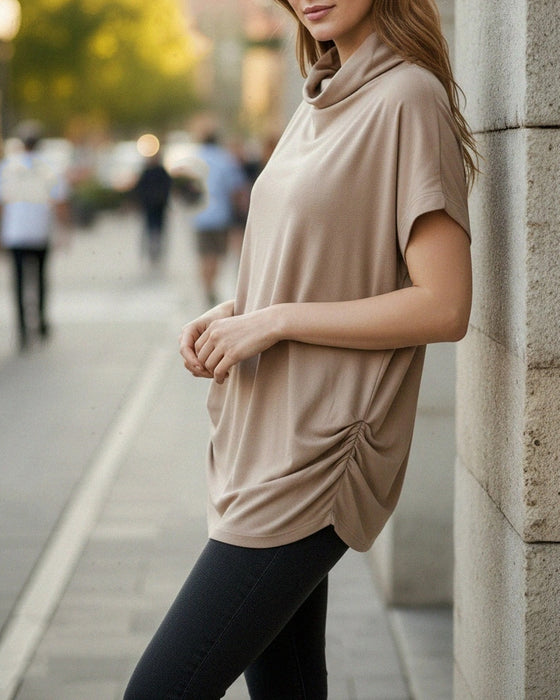 Blus Mock Neck Kort Ärm Sida Rynkad
